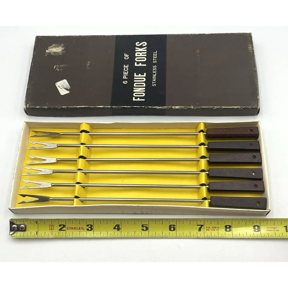 Vtg MCM (6) Fondue Forks Set Danish Modern Wood Handle Stainless Steel w‎ Box